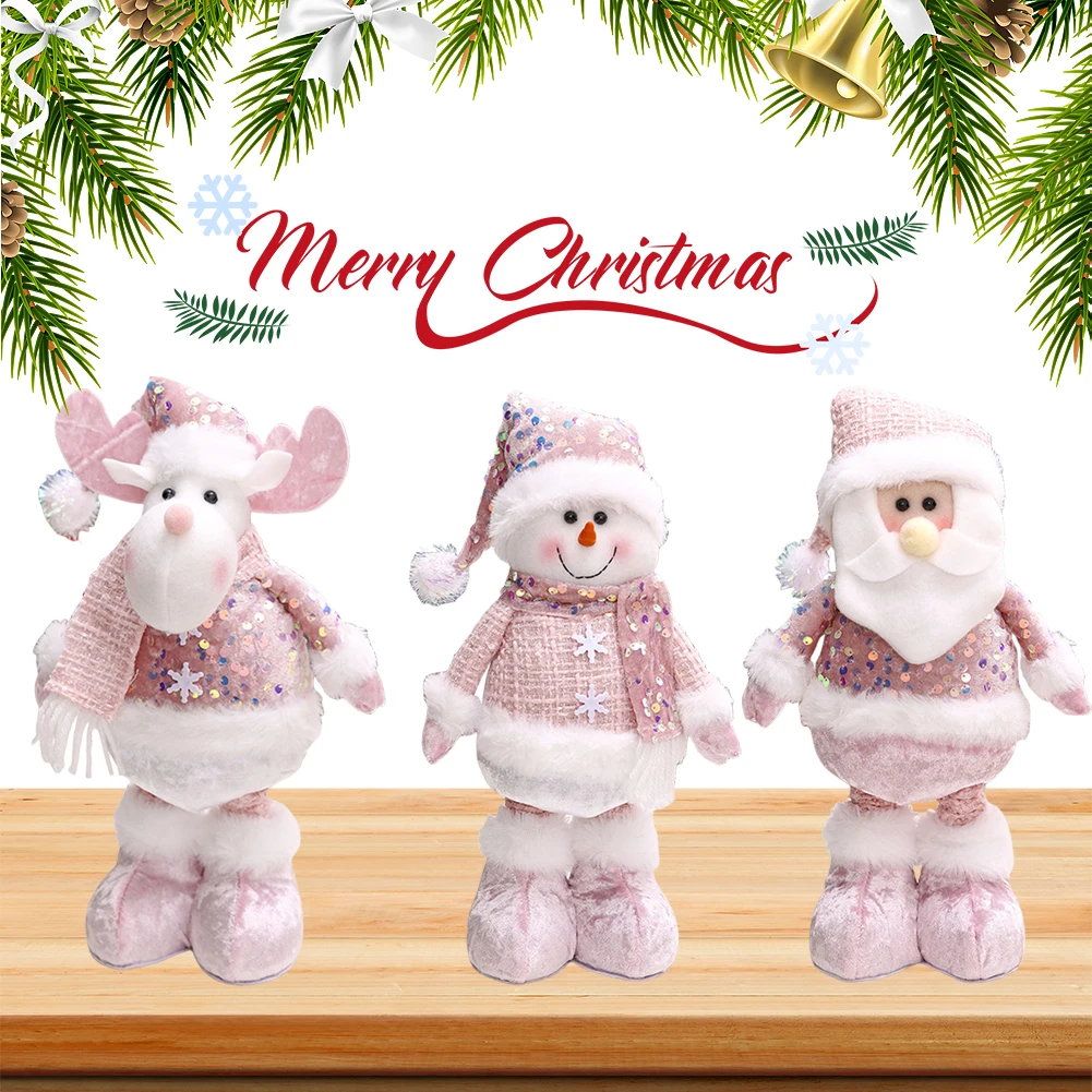 

Christmas Pink Sequin Telescopic Doll Santa Claus Snowman Elk Telescopic Legs Pink Doll for Xmas Tree Decor