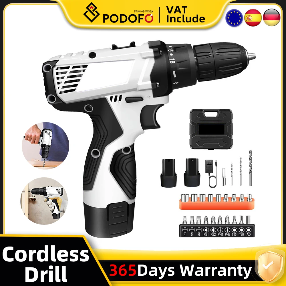 Kit Trapano Avvitatore Senza Fili Podofo con Batteria 12V, Set di Utensili Elettrici Multifunzione per Riparazioni Domestiche e Fai-da-Te