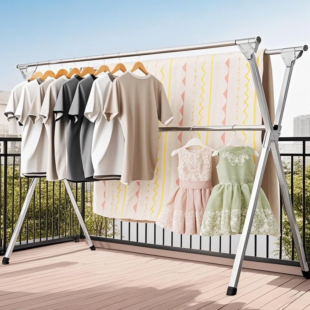

1 foldable metal clothes rack with adjustable three bars, saving space for storage, suitable for indoor and outdoor use,