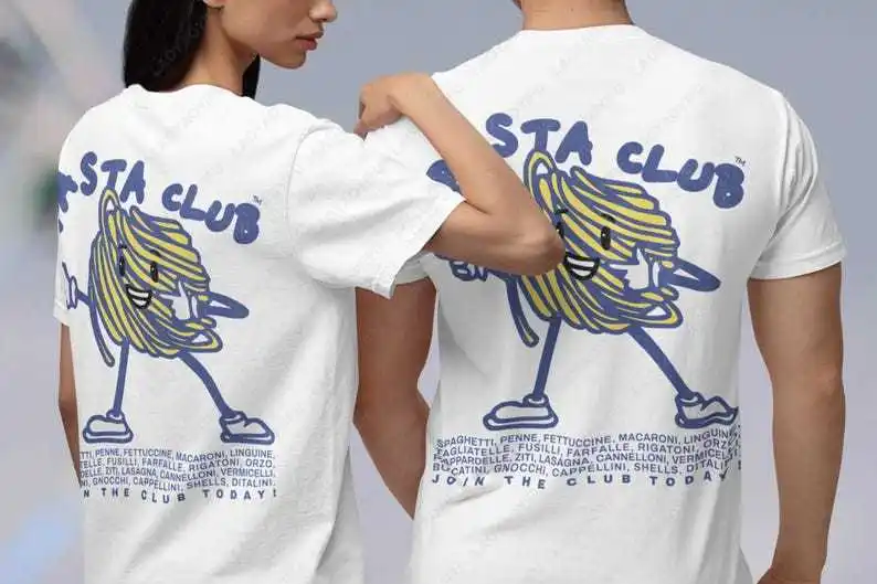 Funny Food Shirt Pasta Club Retro Graphic 90s T-Shirt Hand-Drawn Spaghetti Cartoon Unisex Tees Foodie Gift for Lover Cotton Tops