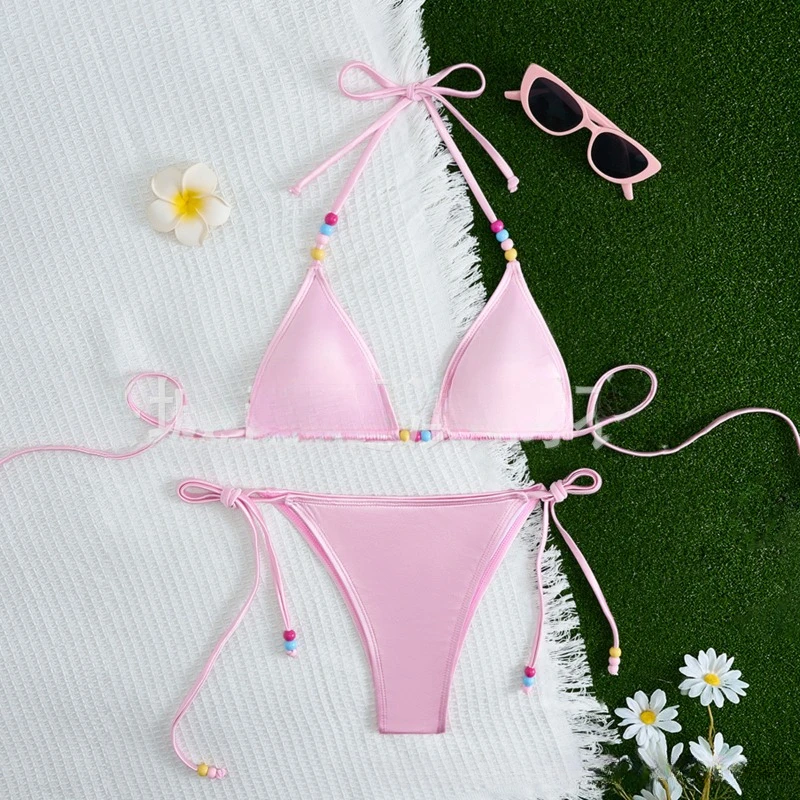 Conjunto de Bikini rosa para mujer, bañador Sexy de dos piezas con cuentas de colores, traje de baño fresco de seda para playa, 2024