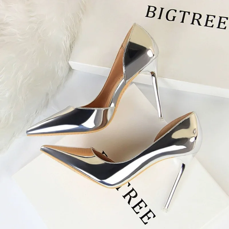 Women 10cm High Heels Pumps Lady Stripper Metallic Leather Scarpins Wedding Stiletto Heels Party Silver Champagne Gold Shoes