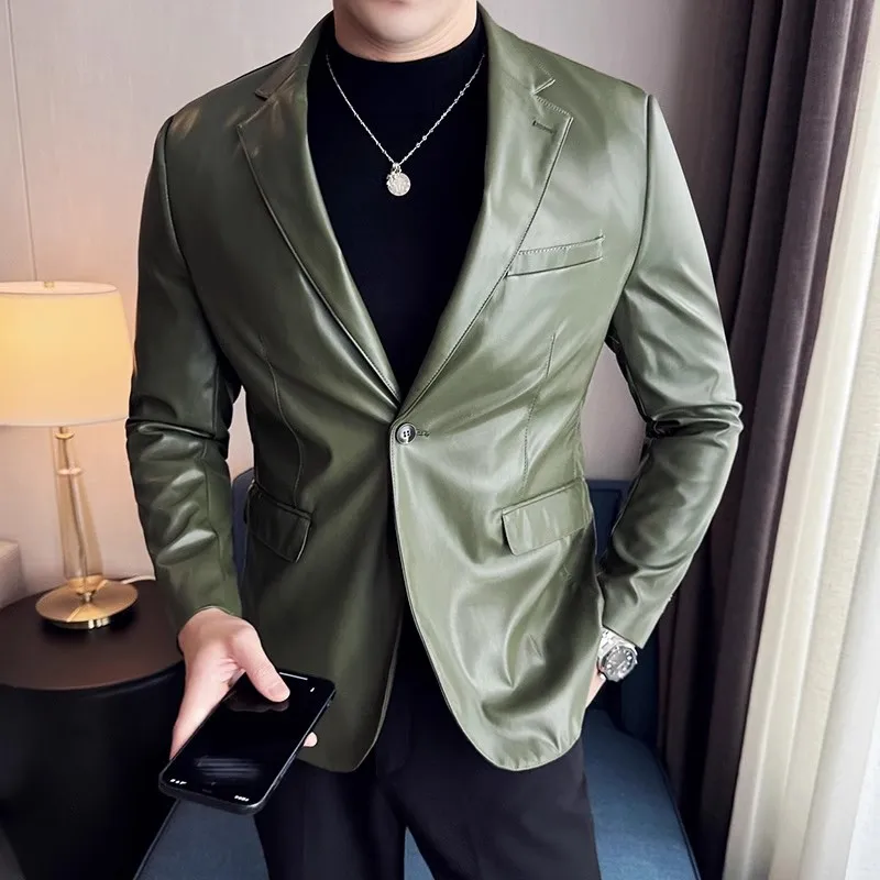 High Quality Leather Jacket Men Single Button Slim Fashion Leather Blazers Male Business Casual Suit Coats Solid PU Outwear Man