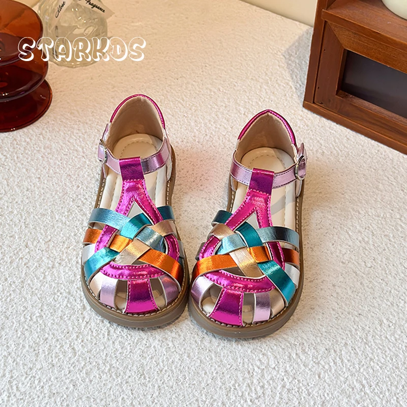 Rainbow Color Weaved Sandals Kid Girl Brand Design Round Toe T-Strap Roman Shoes Baby Child Anti-Slip Soft Bottom Summer Zapatos