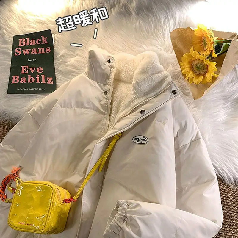 Winter Female Student Cotton Jacket with Plush Thickened Cotton Parkas Lamb Fleece with Loose Short Women Snow Wear Overcoat