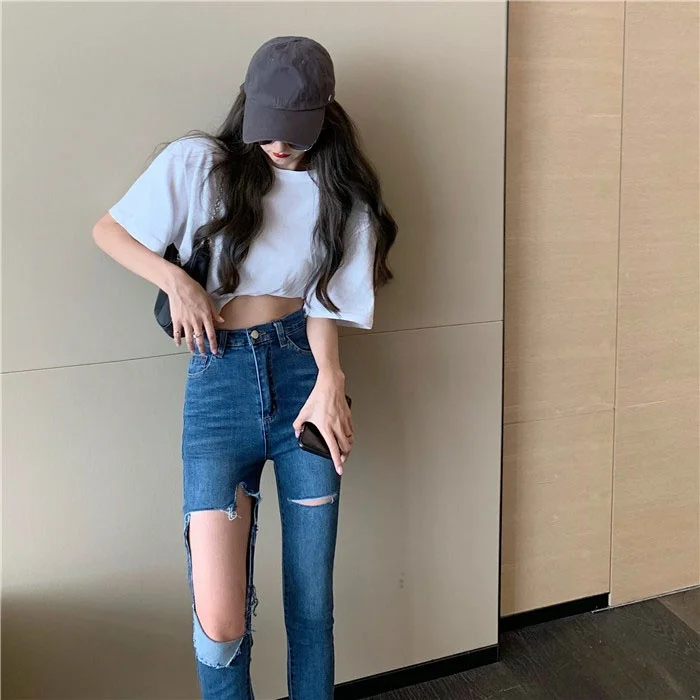 

Джинсовые брюки с высокой талией и дырками, женские летние тонкие брюки с девятью точками, модные узкие джинсы для девочек, хлопковая эластичная ткань, глубокий цвет