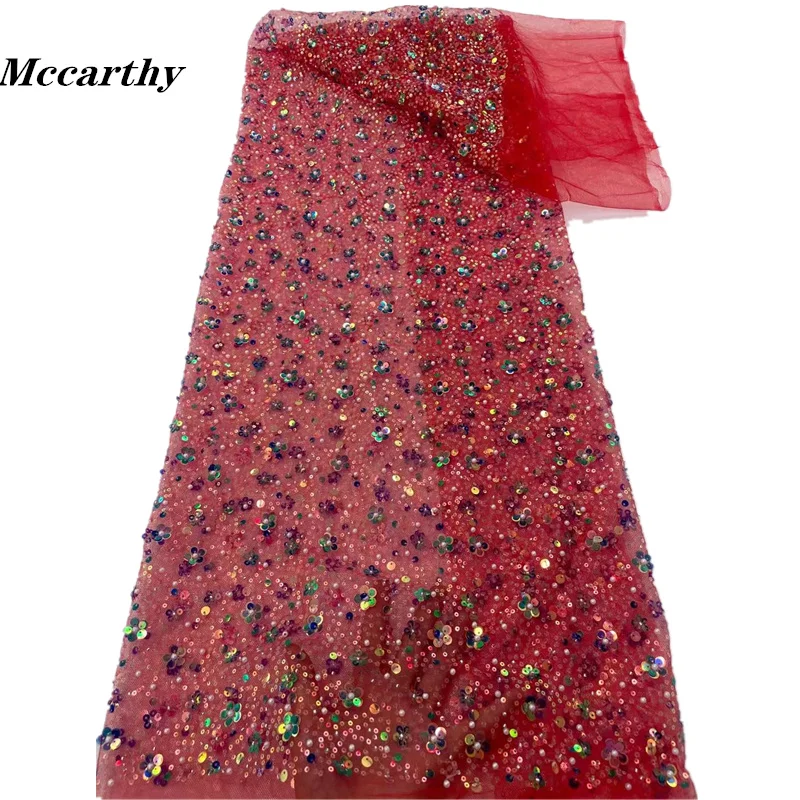 2023 Red African Sequins Lace Fabric Luxury French Nigerian Beaded Mesh Lace Fabric High Quality Wedding Dress WS150T