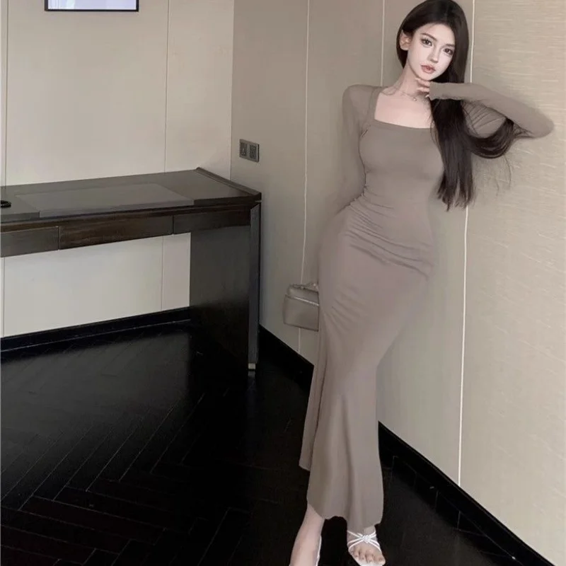 Damen Langarm-Maxikleid – Sexy, klassisch, einfarbig, figurbetont, Wickel-Design, Meerjungfrauen-Saum – Modisches Urlaubskleid für Frauen