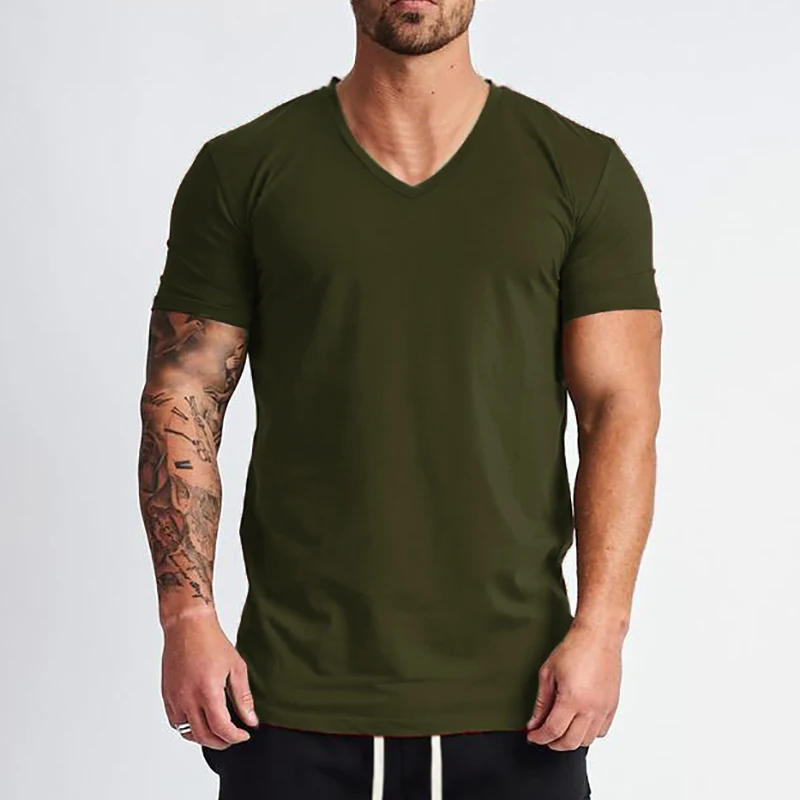 New Fashion V-Neck T-shirt Men Cotton Slim Fit Short Sleeve T Shirt Male Fitness Workout Tees Summer Bodybuilding Gym Clothing