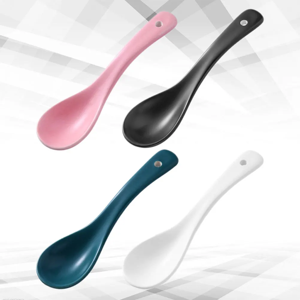 

4Pcs Kids Ceramic Spoon Multifunctional Porridge Soup Scoop Japanese Style Dessert Ice Cream Ramen Blue Pink Green Black