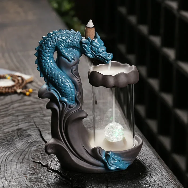 

Dragon Backflow Incense Burner with Windproof Cover & LED Light Christmas Home Decorations Lucky Feng Shui Ornaments -No Incense