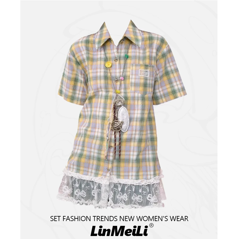 

Women Patchwork Plaid Shirts and Blouses Y2k Vintage Korean Harajuku Fashion 90s Elegant Short Sleeve Polo-Neck Shirt Top