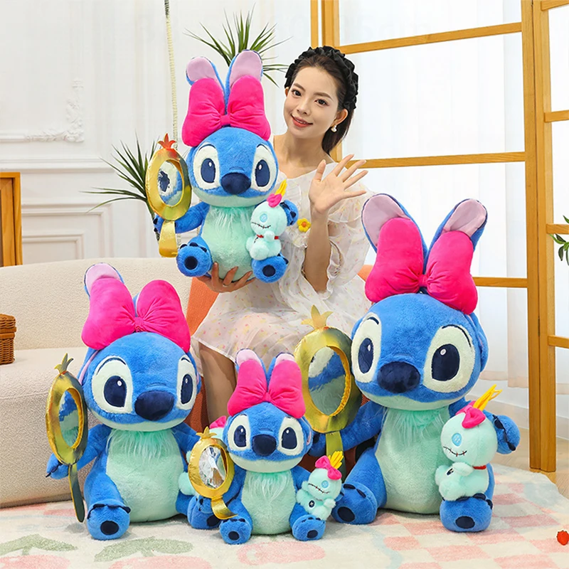 

Kawaii Plush Toy Stitch with Bow Mirror Holding Golden Puppy Stuffed Doll Cute Kids Birthday Xmas Gift Plushie Pillow Wholesale