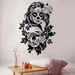 Candy Sugar Skull Floral Girl Tattoo Studio Wall Sticker Day Of The Dead Art Decals Vinyl Window Decor Room Mural Wallpaper 4732