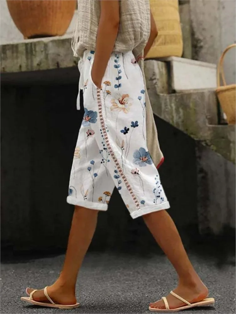 Casual Print Pants For Women Fashion Boho Holiday Beach Sports Womens Clothing Summer Pockets Straight Knee Length Lady New 2025