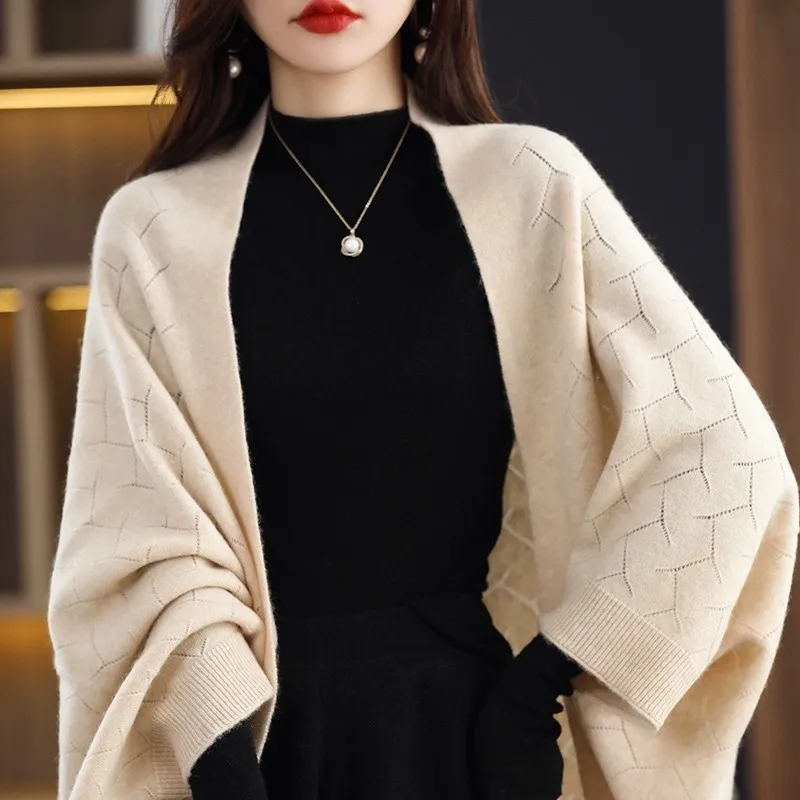 100%Wool Knitted Shawls For Women Autumn Winter Hollow Out Cardigan Cape Korea Fashion Pashmina Scarf Warm Soft Cashmere  Wrap