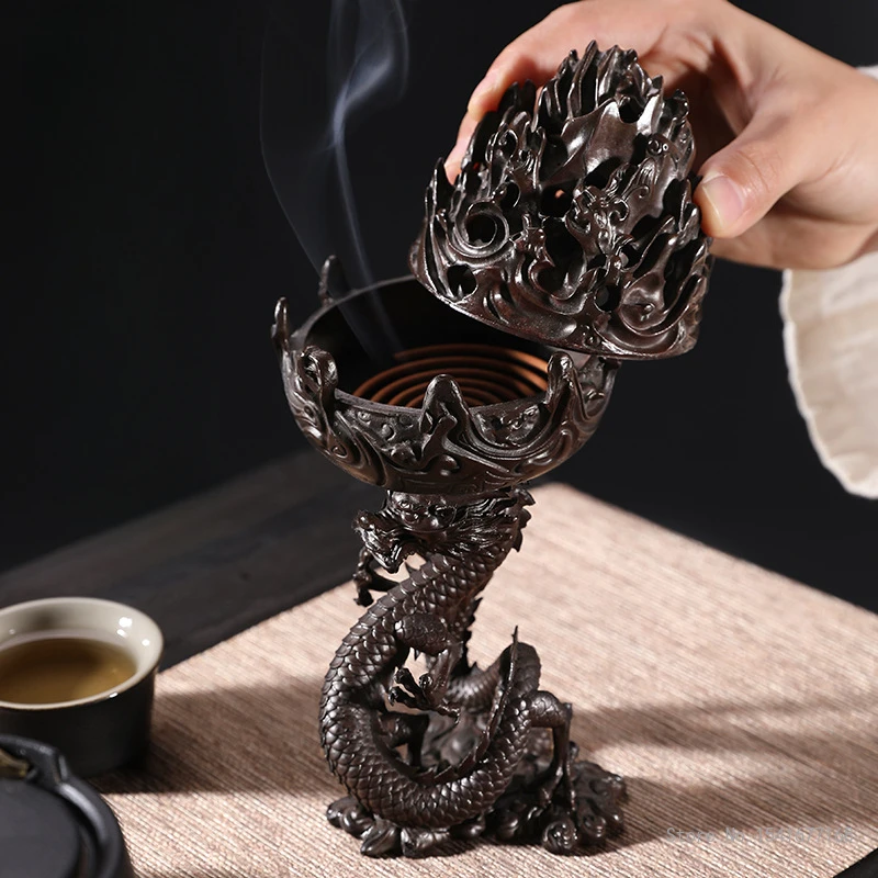 Copper Colour Alloy Dragon Shaped Boshan Furnace, Home Interior Living Room Study Office Decor Creative Gift Incense Burner, 1Pc