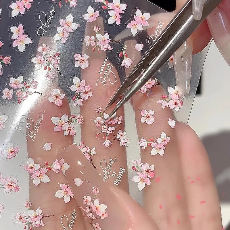 1PCS 셀프 접착 꽃 스티커 프레스 온 네일 스티커 5D 소프트 릴리프 사쿠라 네일 스티커 네일 아트 장식 네일 데칼