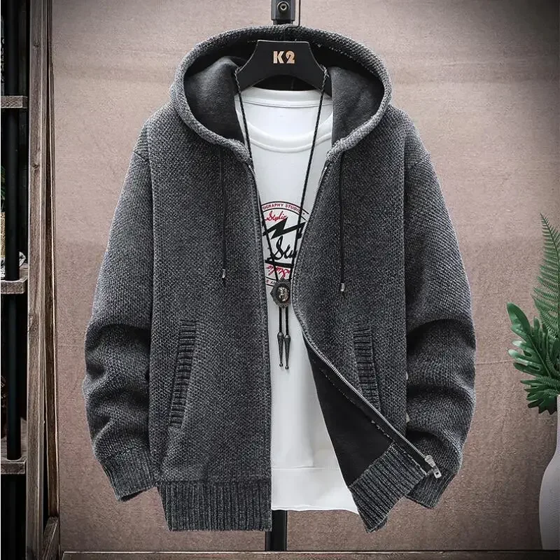 Men\'s Hooded Cardigan Knitted Solid Sweaters with Hoods Slim Fit Thickened Warm Cardigan Casual Sweatercoat Jacket Men Clothing