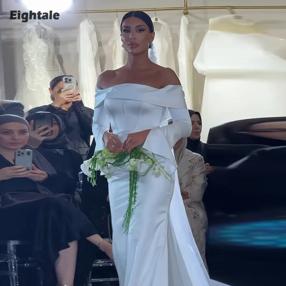 

Eightale Arabic Wedding Dresses Customized Strapless Long Sleeves White Ivory Mermaid Bridal Gowns Vestidos De Novia
