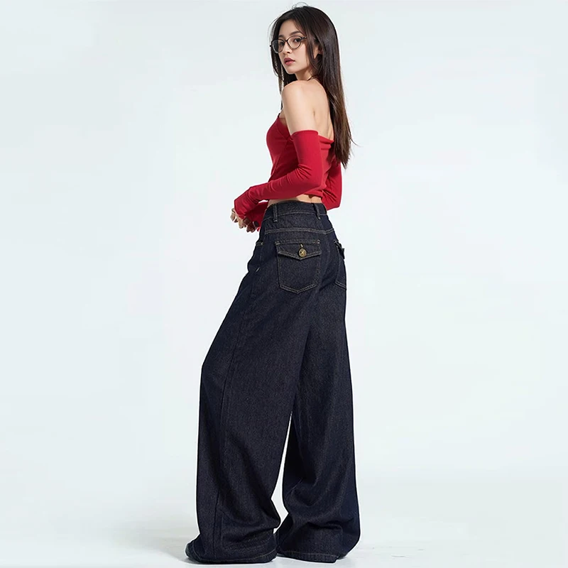 WCFCX STUDIOAutumn Women Jeans High Waist Baggy Casual Vintage Y2K Design Sense Straight Pants Streetwear Wide Leg Denim Trouser