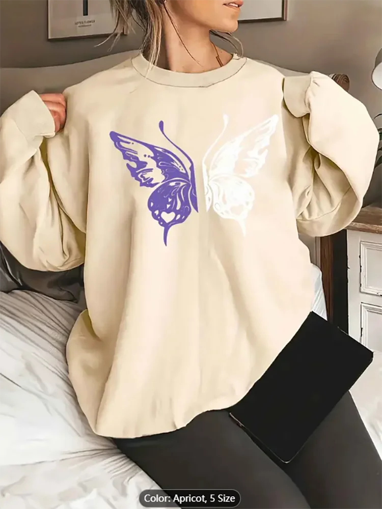 

Womens Apricot Sweatshirt Two Tone Butterfly Graphic Print Casual Oversized Pullover Top for Boho Style Lovers Pure Cotton