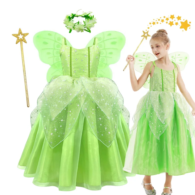 

Girls Tinker Bell Princess Dress Kids Flower Fairy Dress With Wings Halloween Elf Costume Birthday Party Tinkerbell Clothes