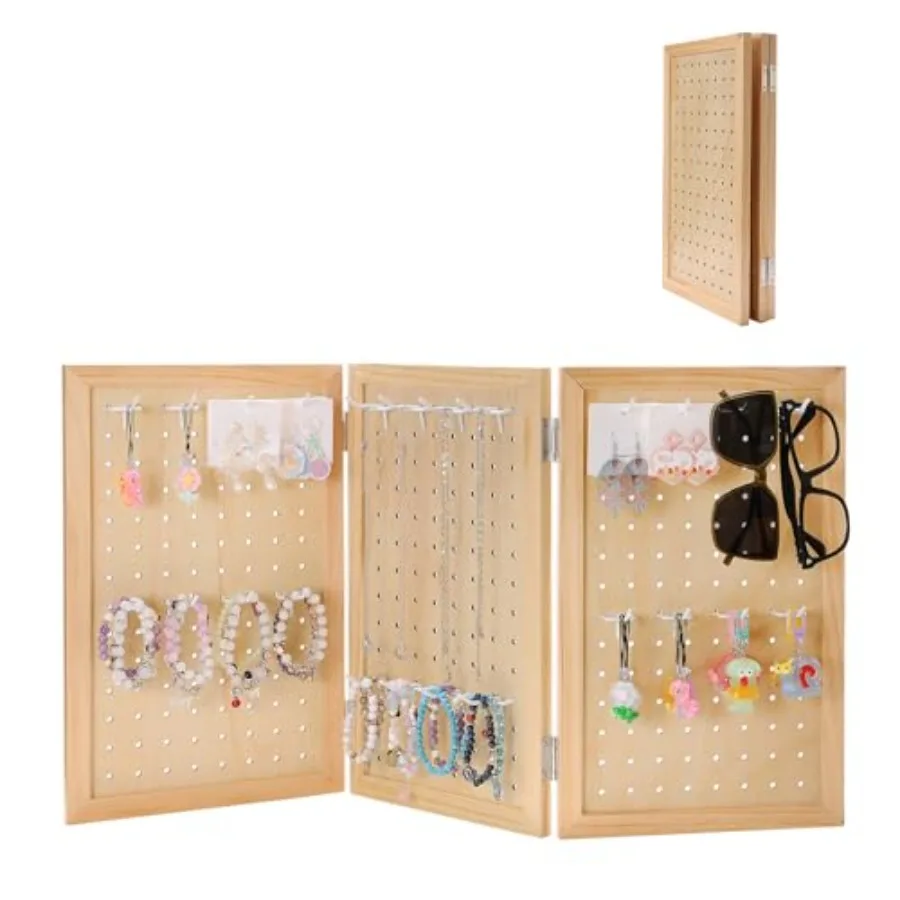 

Wooden Foldable and Portable - Jewelry Display Organizer with 24 Removable White Metal Hooks for Bracelets Earrings and Keychai