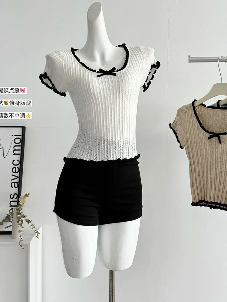 Korean Y2k Elegant Sweet Bow Short Sleeve T-Shirts Summer New Design Sexy Slim O-Neck Knit Crop Tops Women Coquette Gyaru Tees