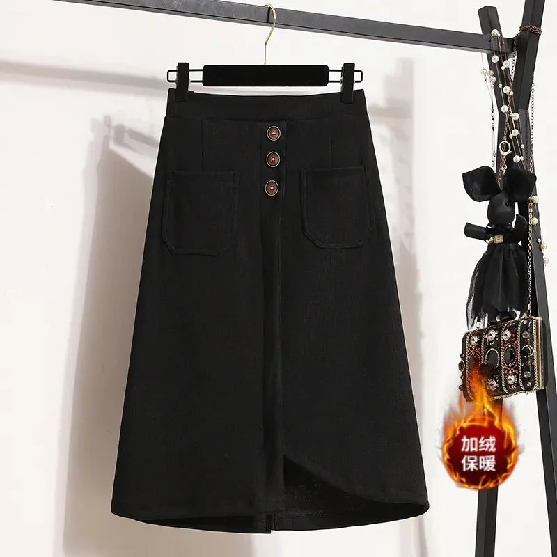 New Thick Corduroy Half length Skirt Autumn/Winter Large Size Fat MM Look Thin High Waist Irregular Knee Over A-line Skirt