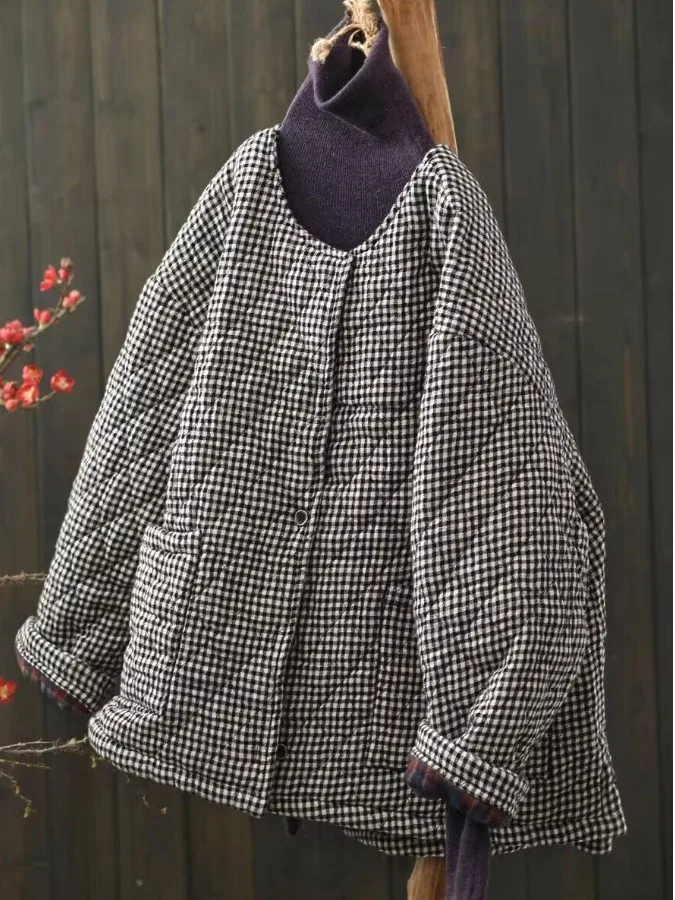 Damski luźny płaszcz zimowy z bawełny Thiened, ciepły, okrągły dekolt, odzież z bawełny, retro, długi, zapinany na guziki, odzież wierzchnia.