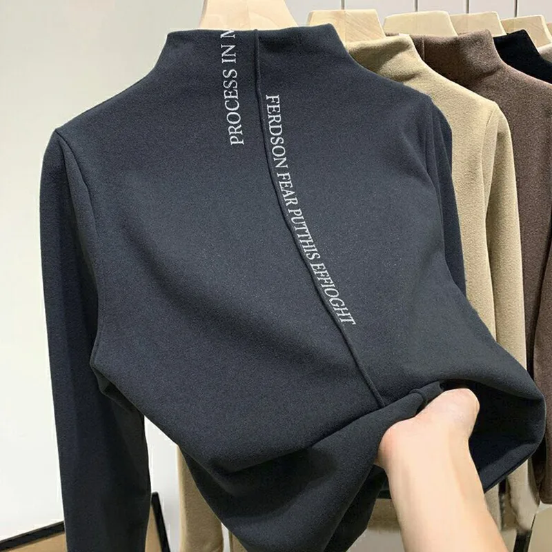 Fall/Winter Women\'s Half High Collar Warm Bottoming Shirt Solid Color Darlon Warm Long Sleeve Casual Thermal Underwear