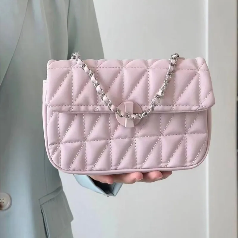 

Sweet Cute Lock Chain Handbag Women Stitching Large Capacity Small Shoulder Square Bag Ladies Daily Casual Pink Underarm Bag New