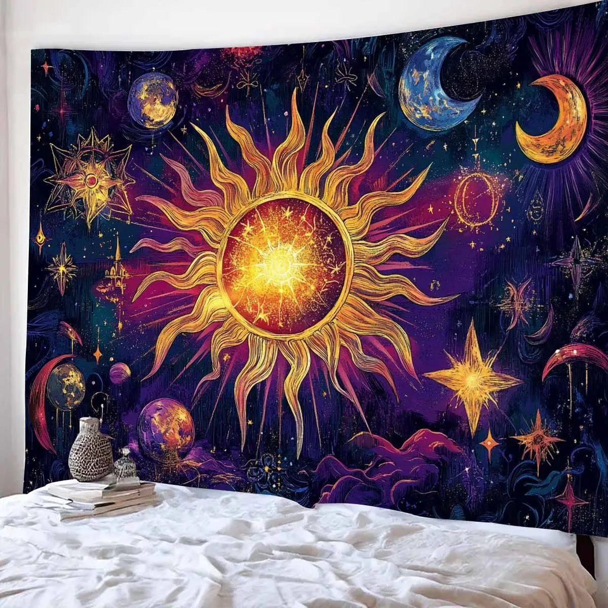 VIKAMA Cosmic Galaxy Tapestry Golden Sun Planet New Moon Starry Sky Special Effects Sci-Fi Theme Bedroom Decor