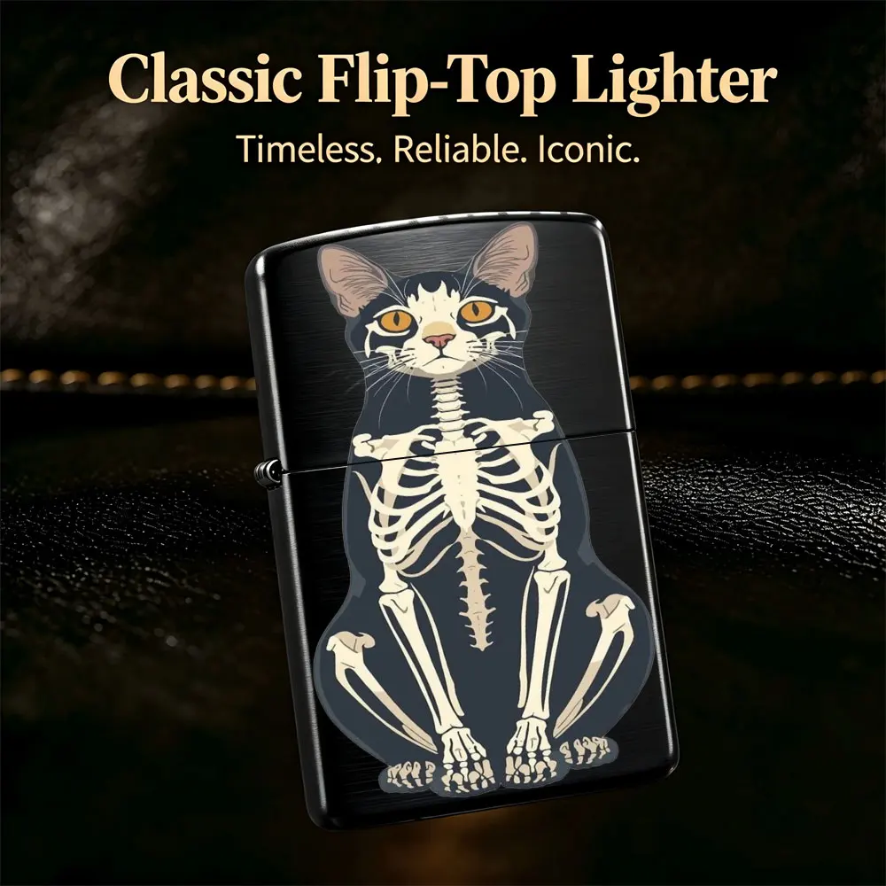 Pocket Lighter, Flip Top Design, Metal Case, Skeleton Print, Windproof Flame, Comfortable Grip, Portable & Durable