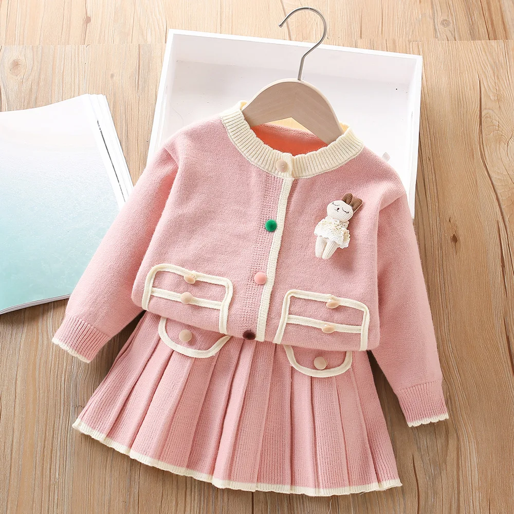 

Girls Dresses Clothes Sets Spring Autumn 2025 Children Woolen Jersey Sweater Coats Skirt Party Suit For Baby Knitte Outfits Kids