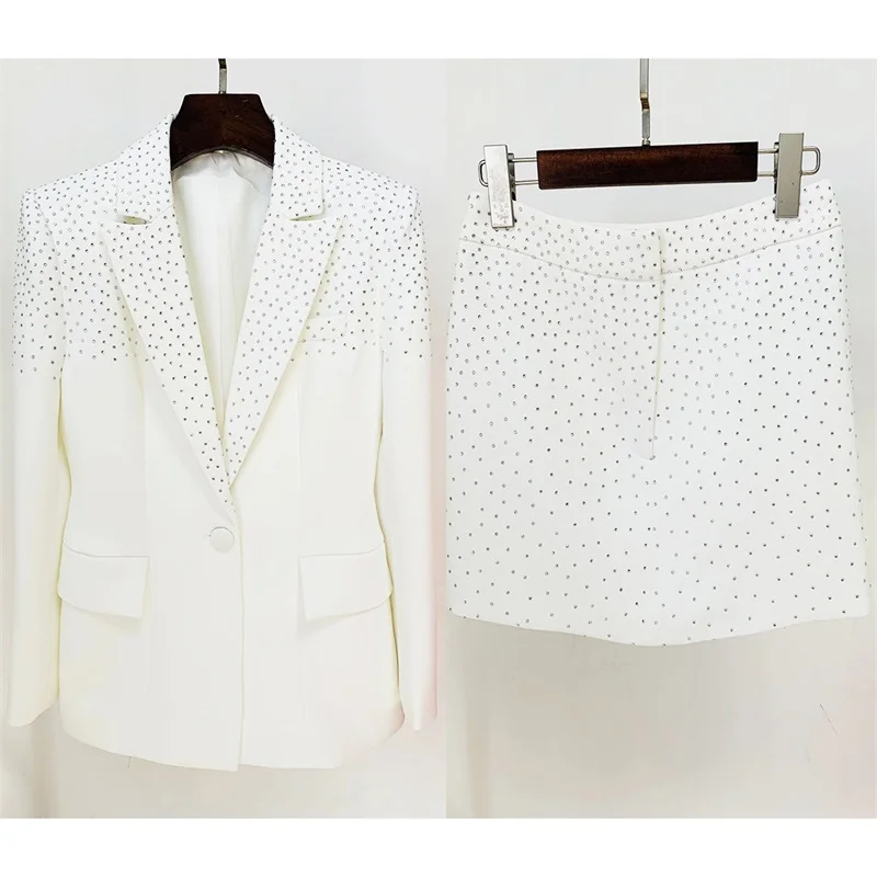 Conjunto de meia saia strass feminino, lapelas de pico, casaco de fivela, elegante curto mini blazer branco preto manga comprida, mais novo em estoque