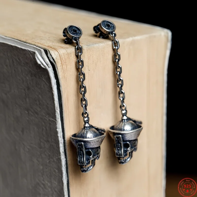 

New Real S925 Sterling Silver Charms Drop Earrings for Men Women Antique Skull Tassel Ear Drop Punk Fashion Fine Choice Jewelry