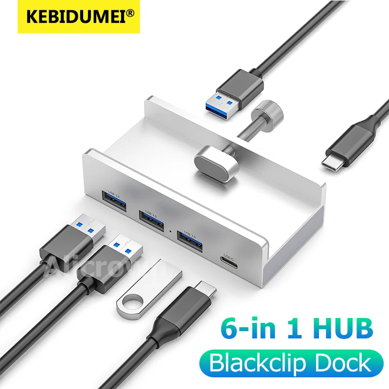 6-IN-1 Black Clip Dock USB HUB High Speed Expansion 5GB High Speed USB 3.0 Splitter Adapter Support SD/TF Card for Laptop PC