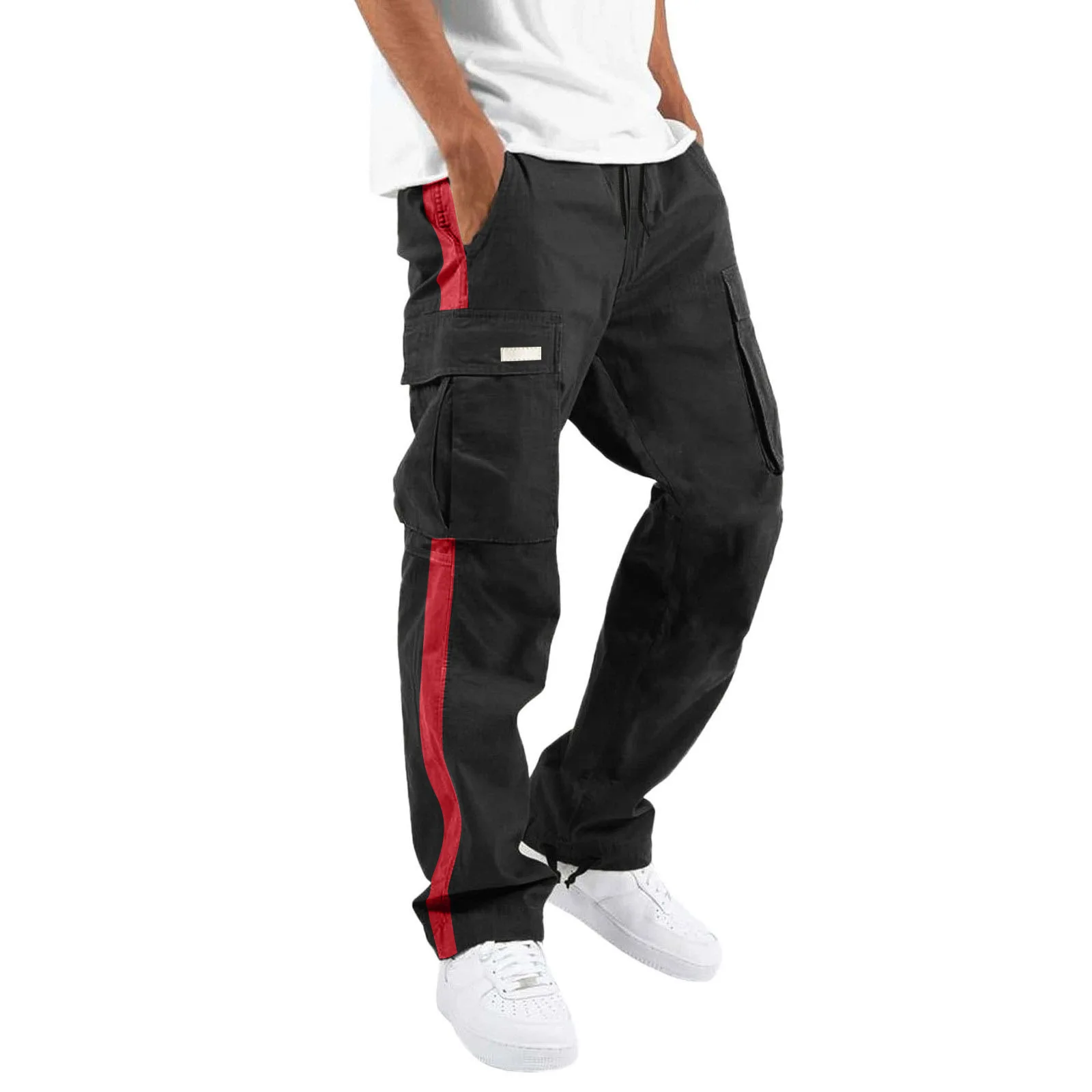 2026 Men Cotton Cargo Pants Multi Color Side Stripe Drawstring Waist Straight Leg Casual Streetwear Trousers