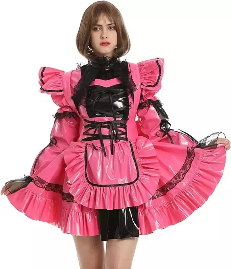 Sukienka pokojówki sissy girl z francuską pokojówką, różowa kokarda z PVC, wielowarstwowa falbana, kostium cosplay pokojówki, możliwość personalizacji.