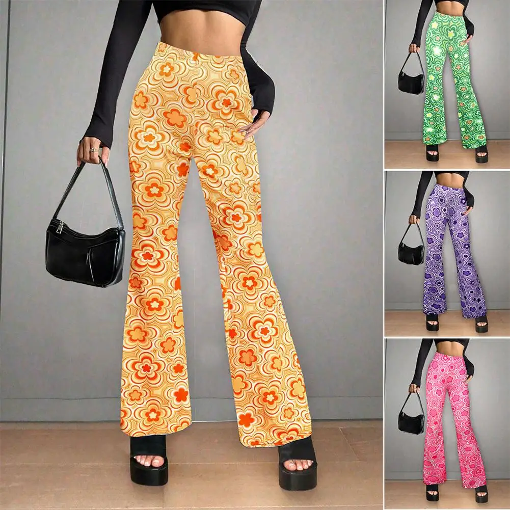 Printed Long Pants Casual Loose Trousers Stylish Women's Flared Pants High Waist Slim Fit Vibrant Floral Print for Daily Wear