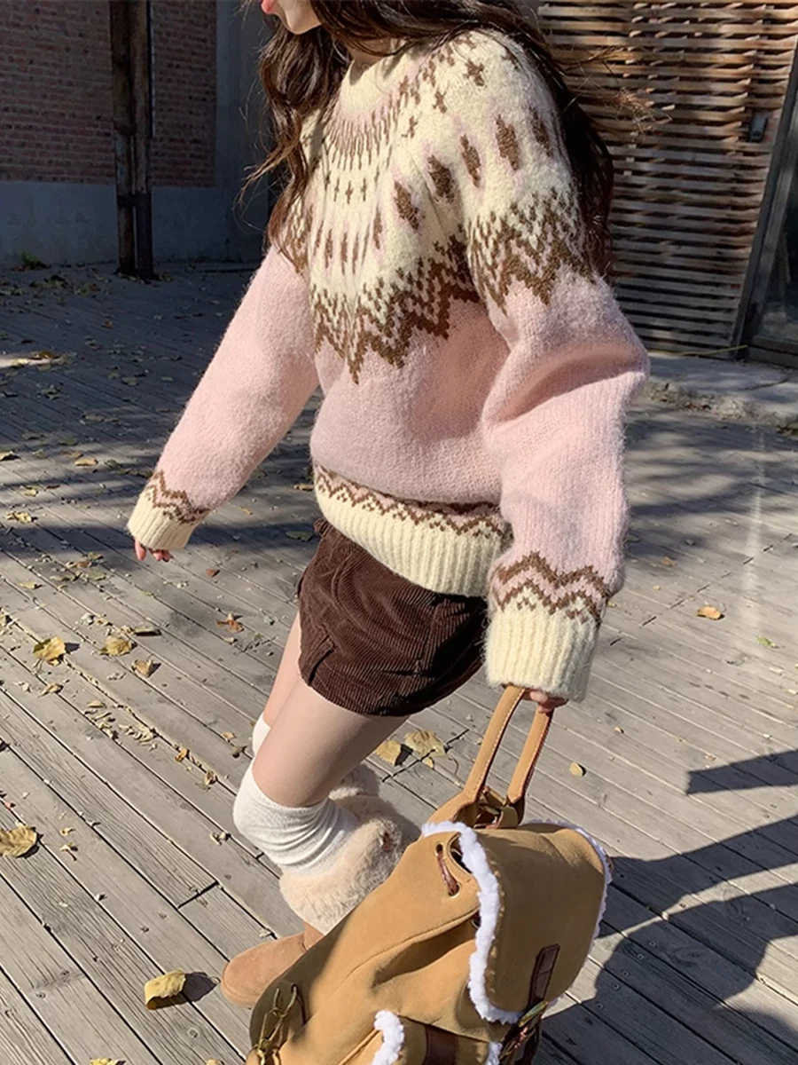 

Sinbounboun Thiened Nordic Lazy Women's Knitted Sweater Autumn Winter New Sle Fair Isle Sweater round Ne Long Sve