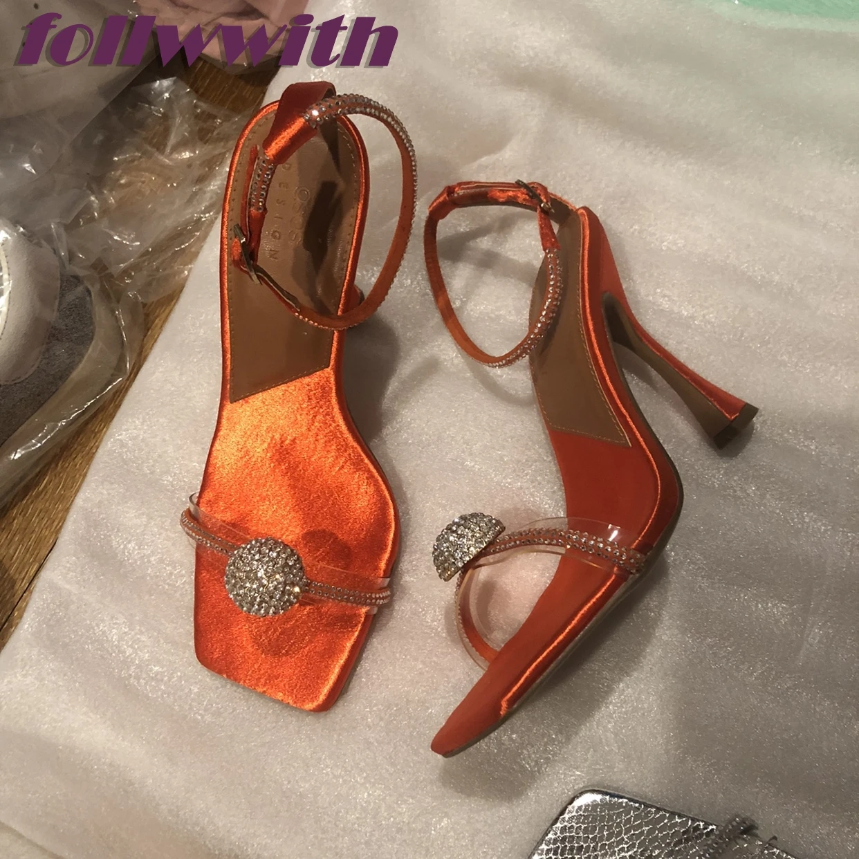 Orange Rhinestone Ball Ankle Strap Sandals Square Toe Stiletto Heels Snakeskin Pattern Buckle Runway New Arrival Catwalk Shoes