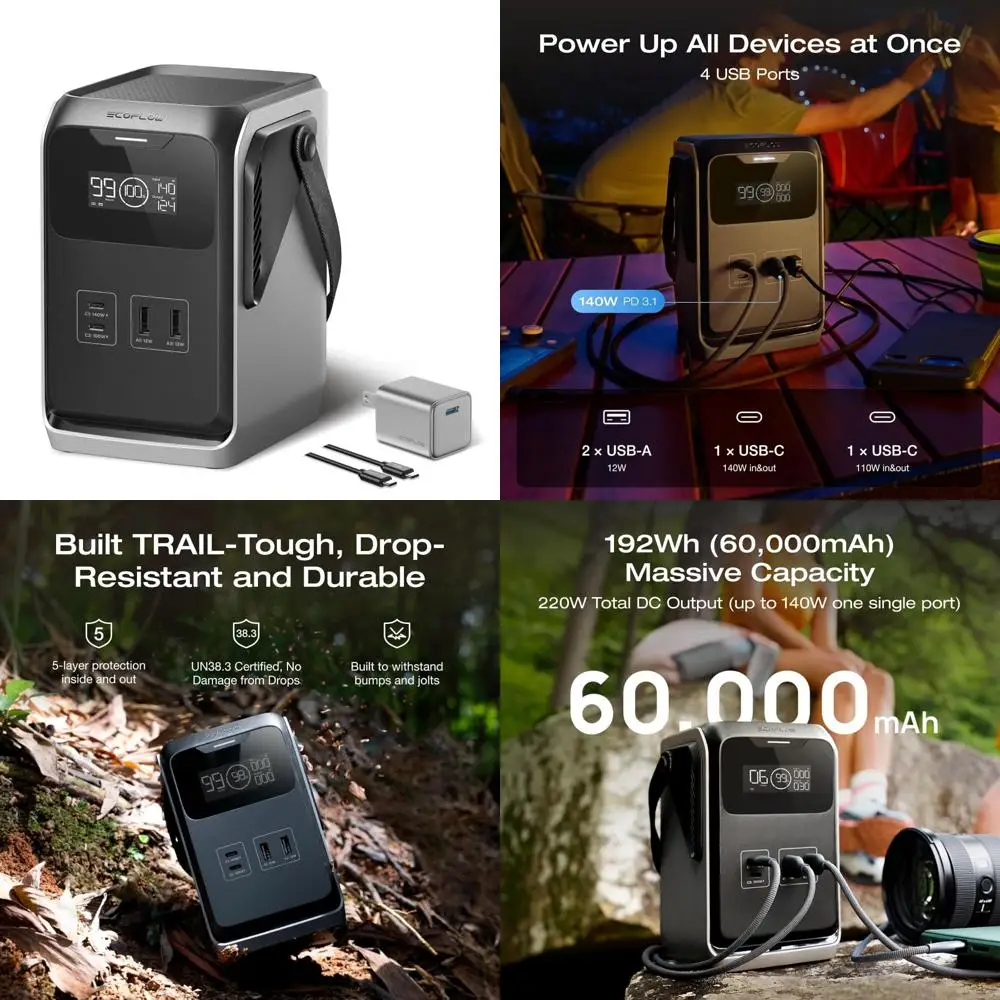 Portable Power Station with 30W USB-C Charger, 192Wh LiFePO4 Battery, Solar Capable, 220W DC Output, Compact Design