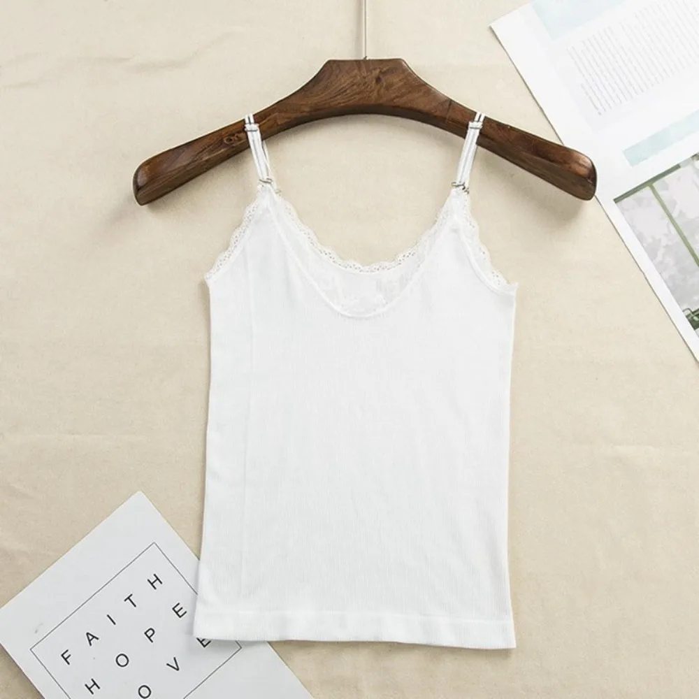 

Simple Lace Trim Suspender Vest Sleeveless Slim Fitted Tops Underwear Short Vest Daily Use