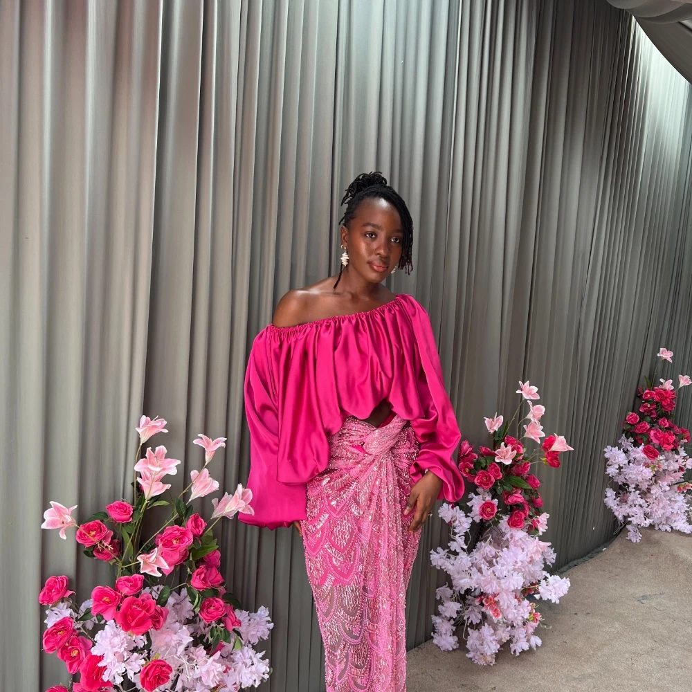 Women Off Shoulder Crop Top Pink Satin Puff Sleeve Ruffle Neck Blouse Sexy O-Neck Short Tunic Party Evening Clubwear Custom Made