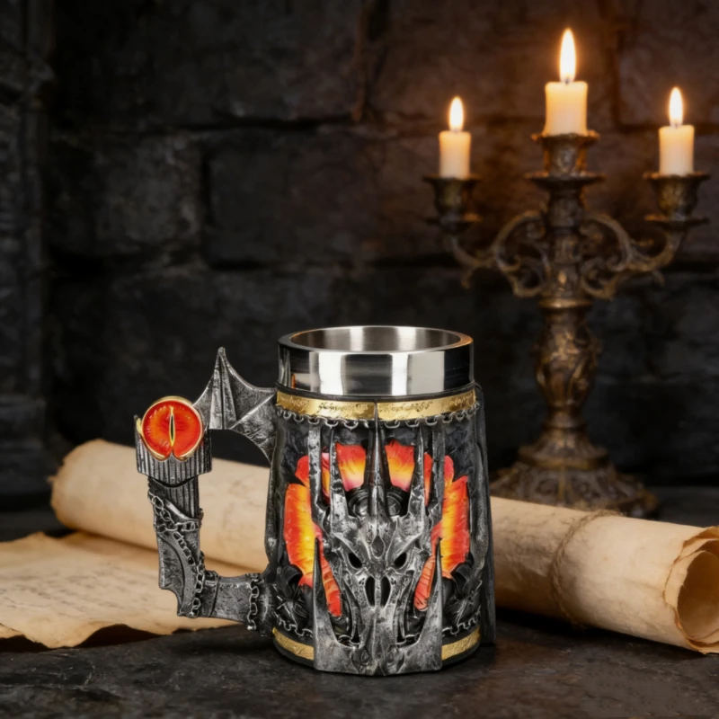 Rohan Knight Beer Mug, Horse Head Handle Shield Decorative Medieval Vintage Bar Mug, Stainless Steel Liner