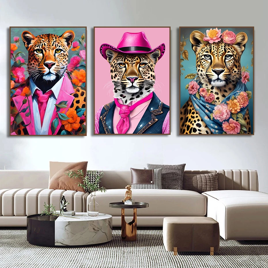 1pc Frameless Canvas Painting Fashion Animal Portrait Pink Leopard Jungle Cheetah Botanical Lion Tiger Poster Canvas Painting Pr