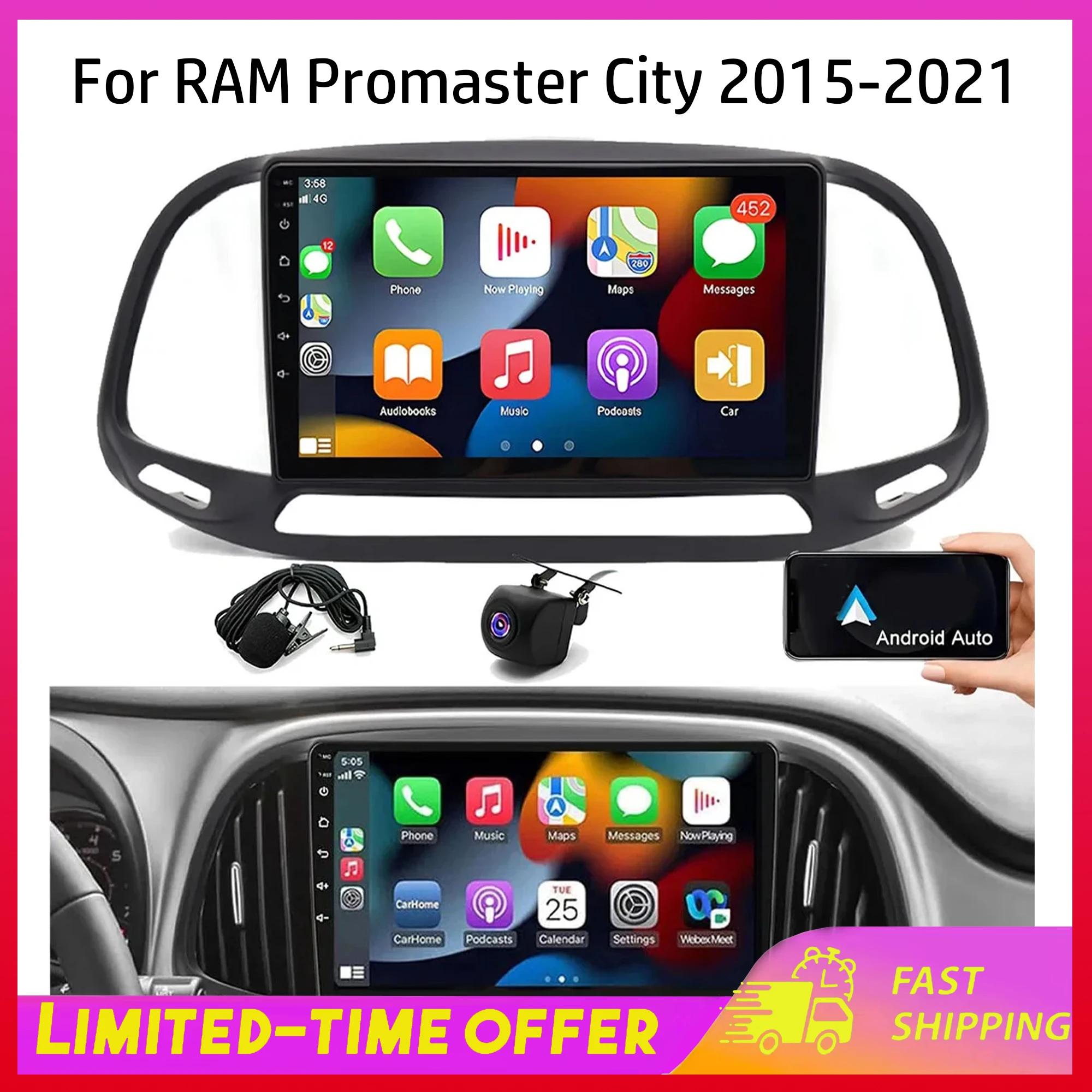 

Suitable for Dodge RAM Promaster City Android 13 Car Navigation 9-inch Fit for Carplay Android Auto 2+32G+AHD Camera Automobiles